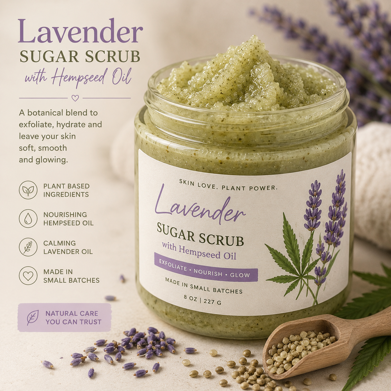 🌿 Lavender Botanical Sugar Scrub (with Hempseed Oil)